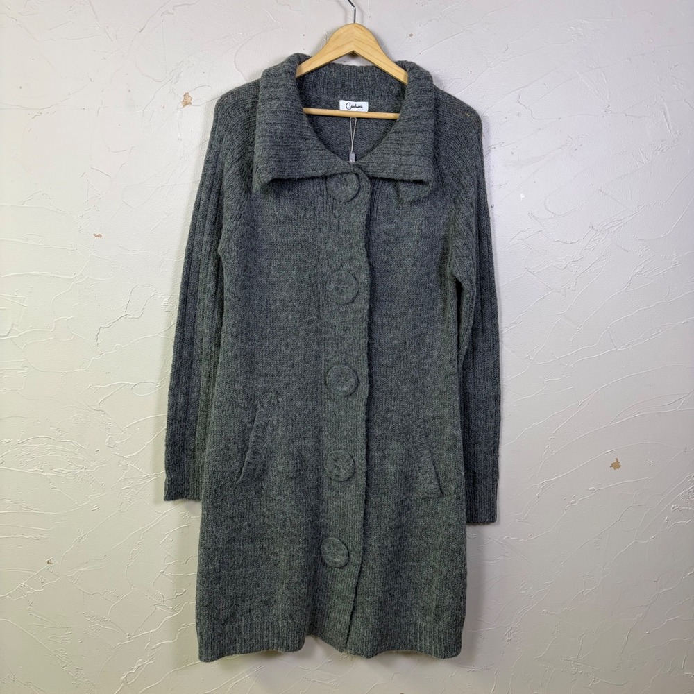 Carducci Long Cardigan Sweater Women M Gray Alpaca Blend Knit Button Up Coat